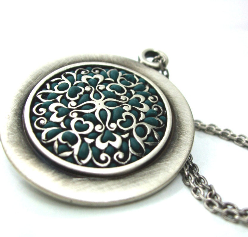 Silver teal Medallion green big pendant old style jewelry unique gifts for her