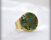 Green ring brass enamel vintage style flowers design