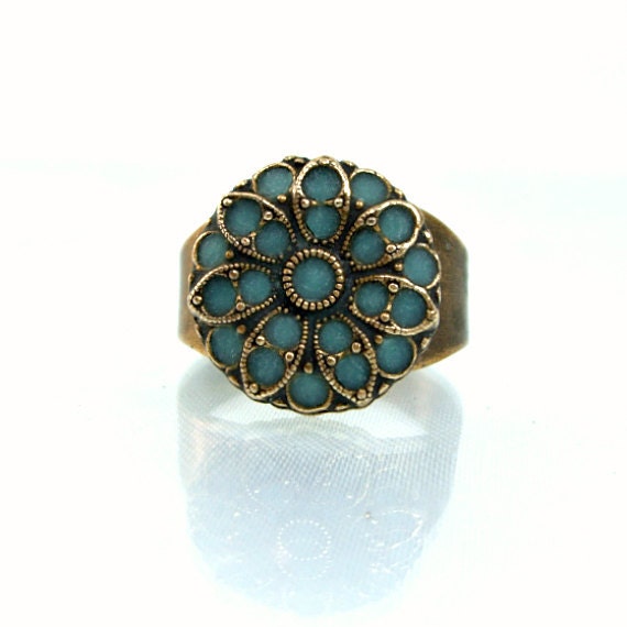 Vintage inspired ring aqua marine brass unique rings fashion jewelry 2012 antique enamel custom made ring unique gift for her