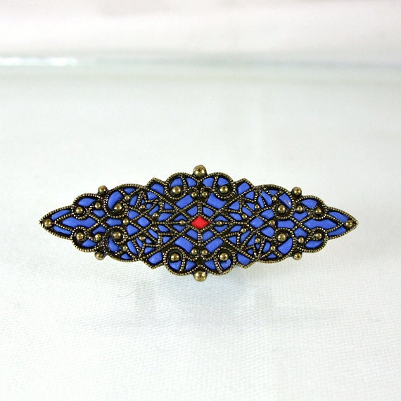 Long Blue Victorian Brooch filigree  jewelry  unique enamel brooches