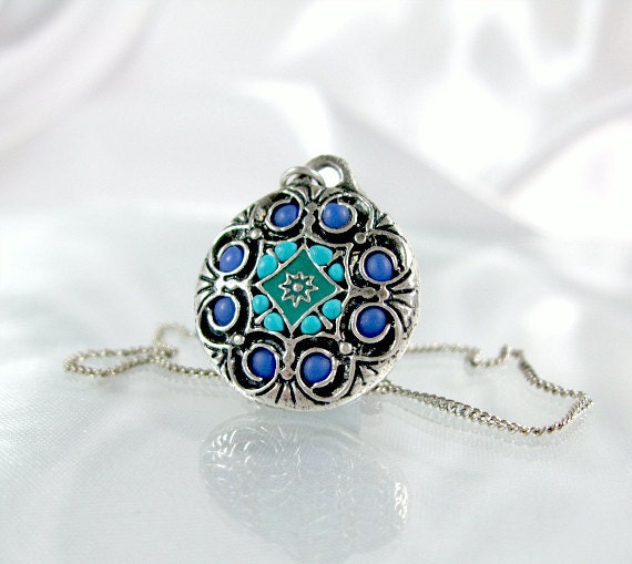 Blue Mandala pendant necklace turquoise silver necklace oriental jewelry gifts for her handmade chains summer 2012