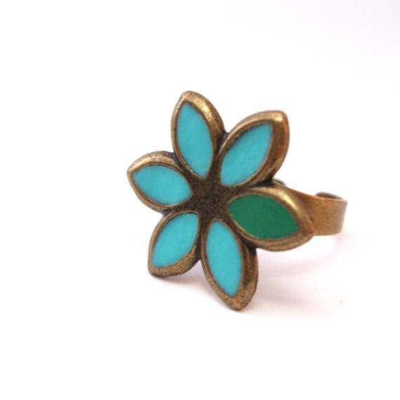 Gold turquoise ring bohemian flower jewelry green aqua brass ring" Make a whish"ring