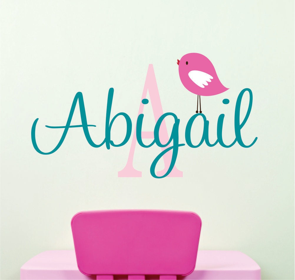 Childrens Name Wall Decal  with cute bird - for Baby girl or boy nursery or bedroom