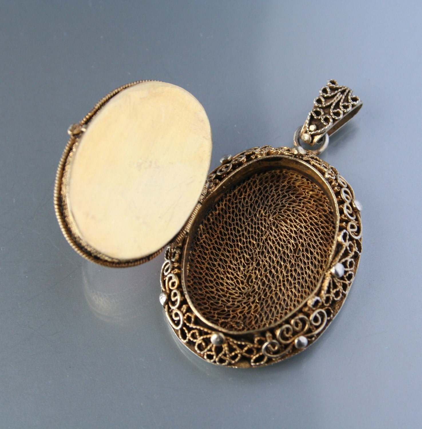 Chinese Sterling Silver Filigree Locket Huge Pendant Rose Quartz Export