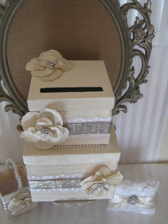 Wedding Card box - Wedding ring pillow- The "Alexis" Collection- Ivory silk card box, ring pillow, flower basket