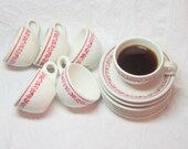 Mid Century Restaurantware Red Pink Flower Rim White  Buffalo China Cups Saucers Kitchen Housewares Simple Classic Durable Cottage