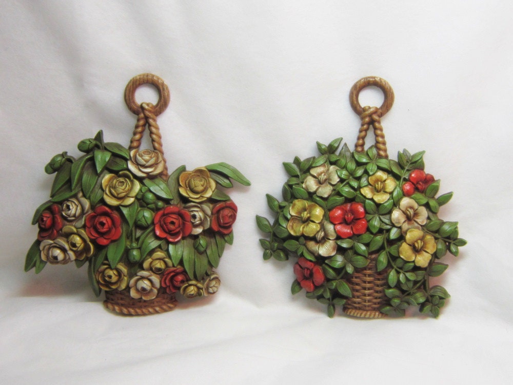 Vintage Pair Wall Hangings Flower Plaques Flower Basket Wall Decor Roses Impatients  Red Cottage Shabby Chic