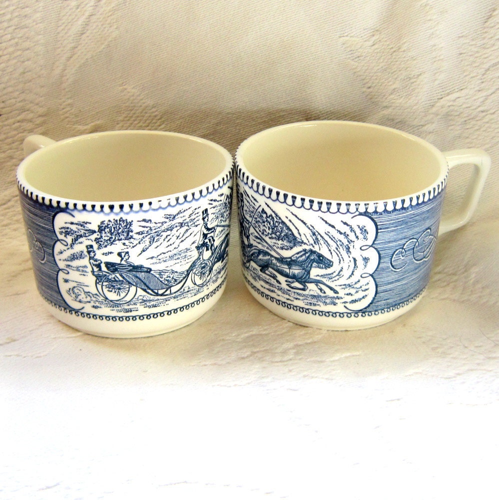 2  Blue White Currier and Ives Rare Coffee Soup Chili Mugs Him and Her Collectable Home Decor Housewares Serving