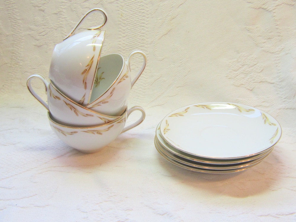 Abalone China Golden Wheat Tea Coffee Cup Saucer Gift for Her Gold White Tea party Home Decor Americana Gold White Elegant Traditional