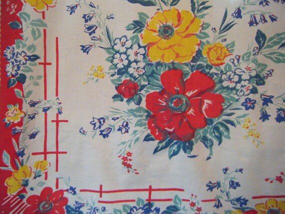 Vintage Farm House Tablecloth Linen Fabric  Cottage Picket Fence Border Red Yellow Aqua Flowers Gift for Her Cottage Farmhouse Indian Head