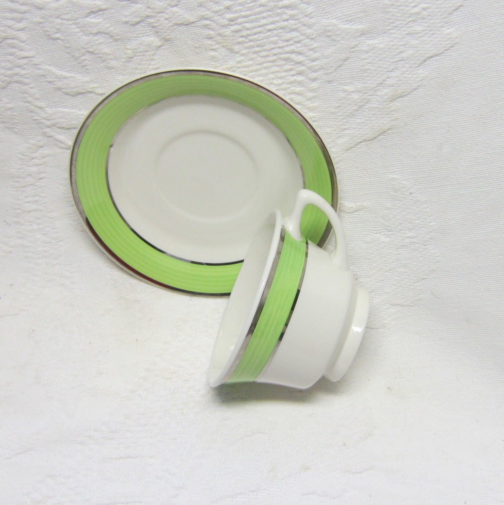 Vintage Swirled Lime Green Chrome Syracuse China Teacups and Saucers Gift for Him Her Mid Century Modern Tea Party