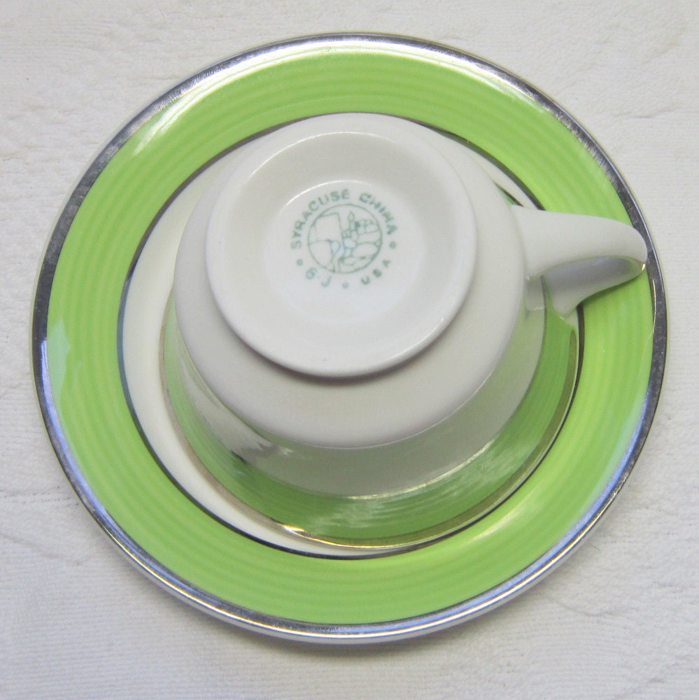 Vintage Swirled Lime Green Chrome Syracuse China Teacups and Saucers Gift for Him Her Mid Century Modern Tea Party