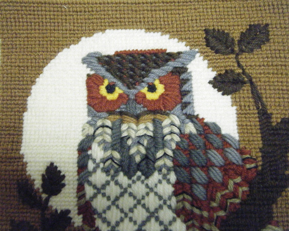 Moonlight Owl Crewelwork Orange Brown GreyTree Pillow Home Decor Cushion Rustic Wildlife Bird