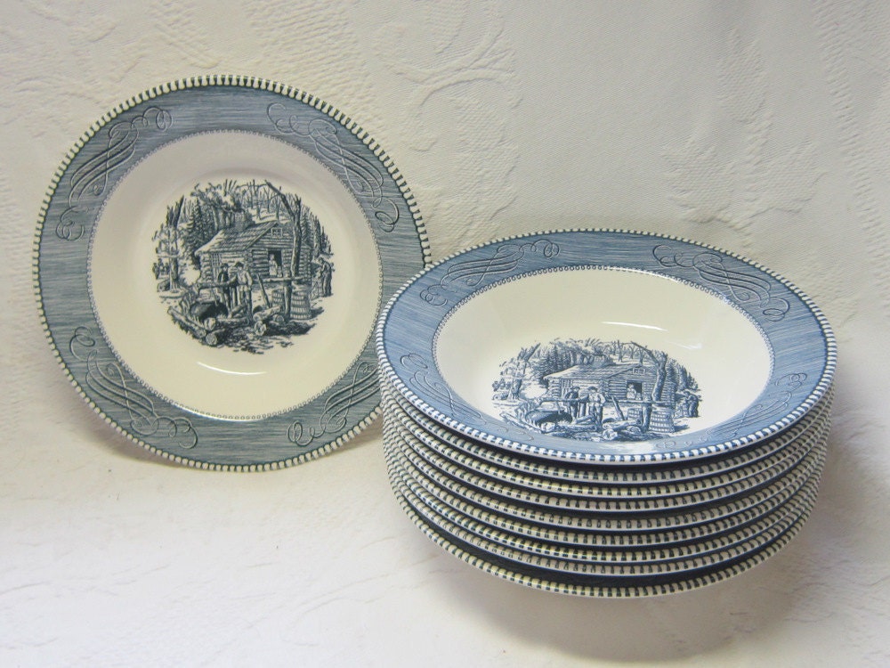 Vintage Blue White Round Currier Ives Vegetable Chili Soup Salad Bowls Transferware Maple Sugaring Time Royal China Traditional Classic
