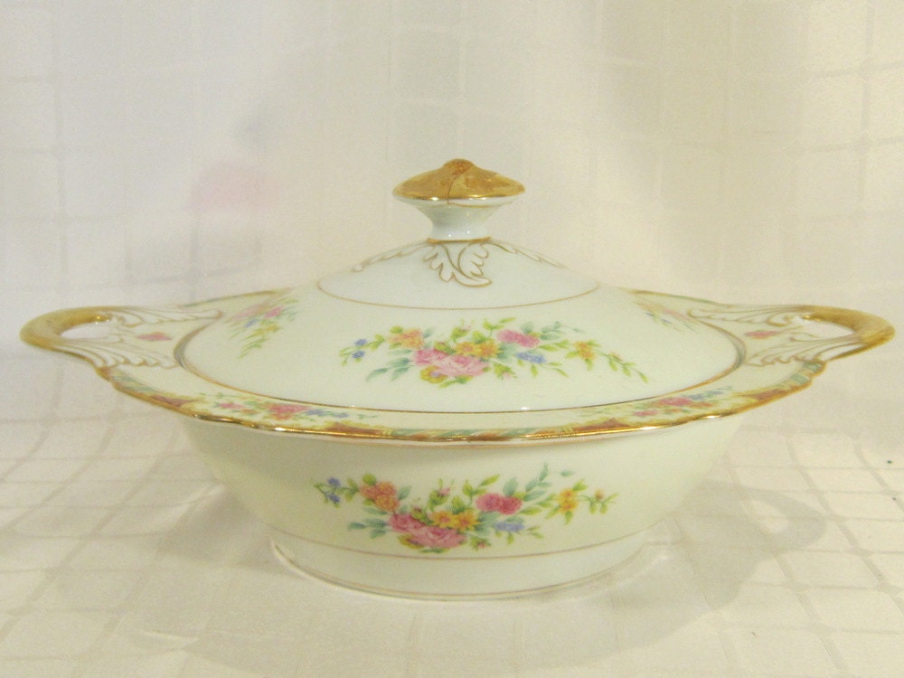 Hollywood Regency Victorian Style Gold Floral Covered Casserole Vegetable Dish Parisian Apartment Black Knight Lenora Gold Mauve Green Pink