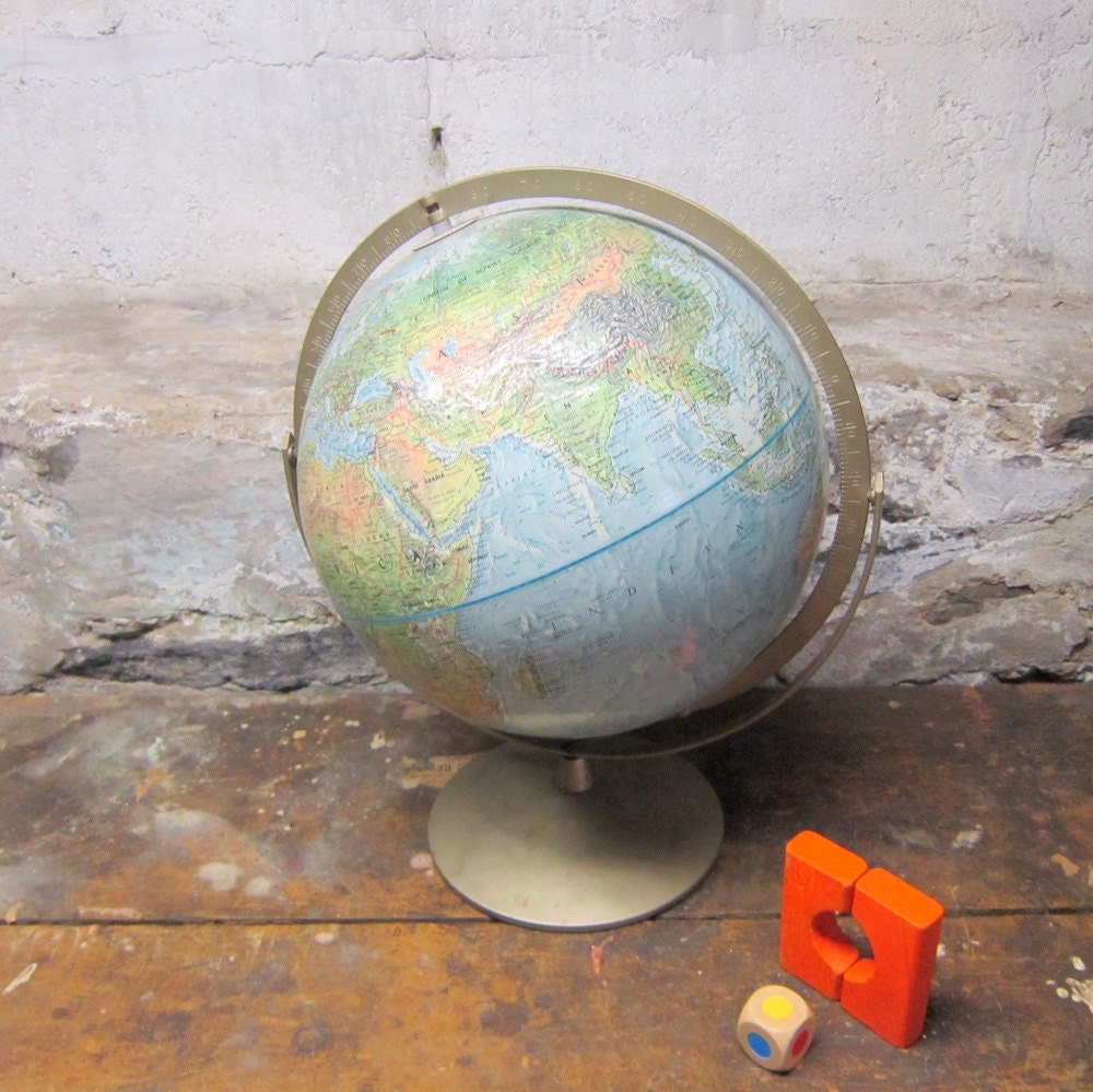 12 inch Replogle Globe Rotating Metal Stand Cold War  School Home Office Decor Land Sea Vintage Home Decor Gift for Him