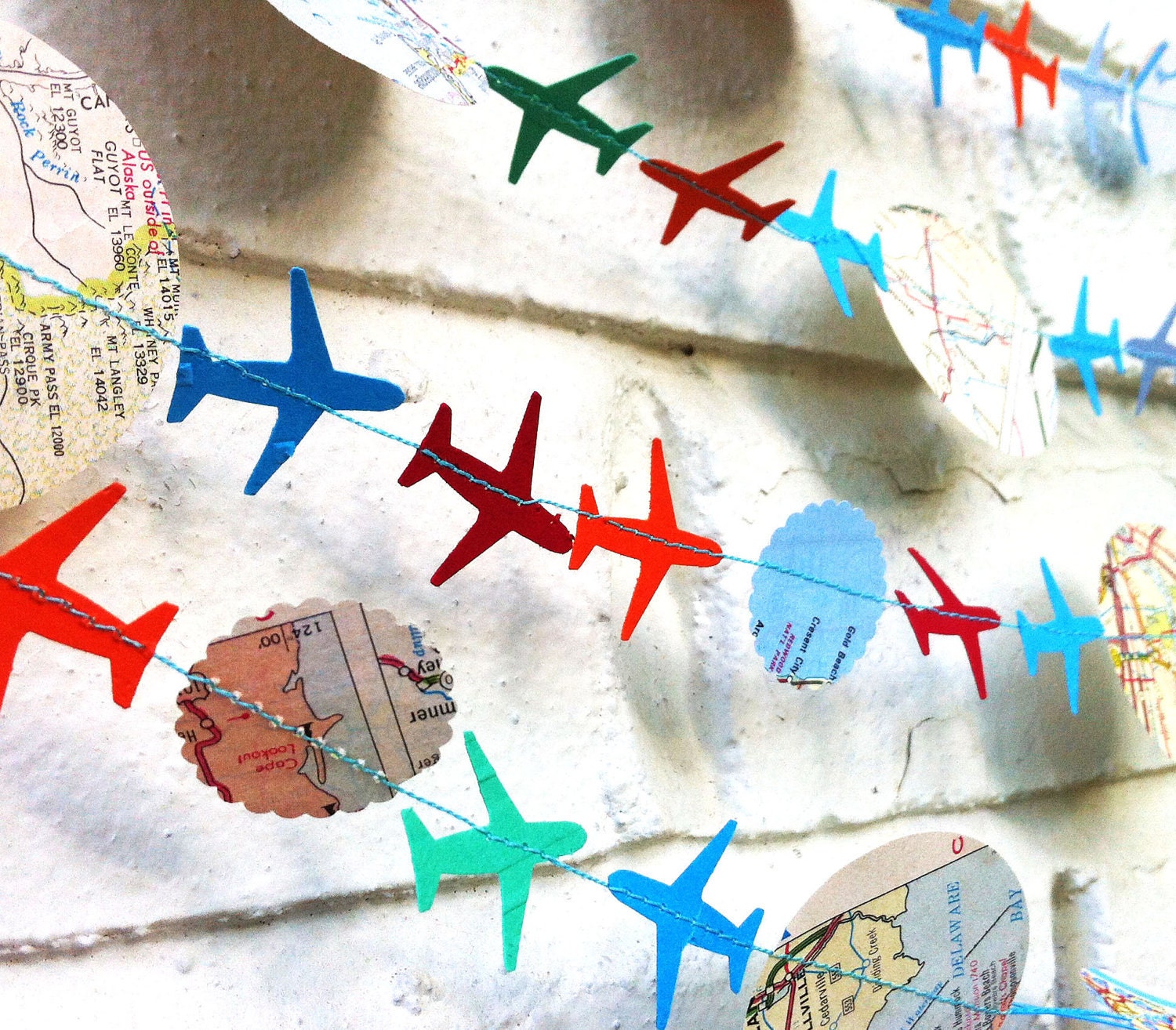 The Bon Voyage Air Plane Garland, Paper Garland, Blue, Orange, Green, Multi colored, Maps