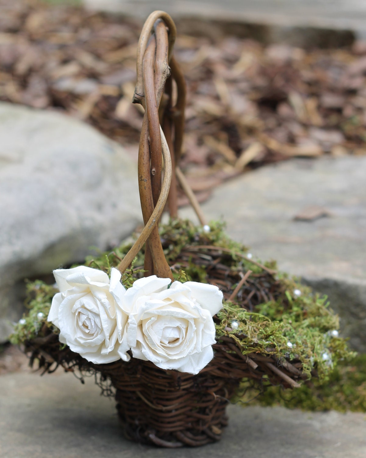 Flower Girl Basket Lined With Moss And Fresh Water Pearls, Roses Rustic Shabby Chic Weddings