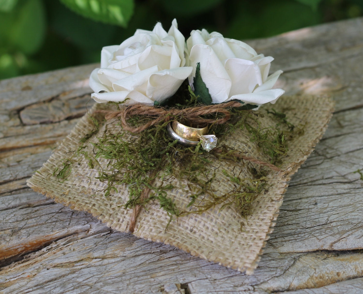 Wedding Ring Pillow With Paper Roses And Moss, Rustic, Shabby Chic Weddings