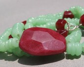 Mint Green Necklace made with Lampwork Beads and Raspberry Quartz with matching earrings