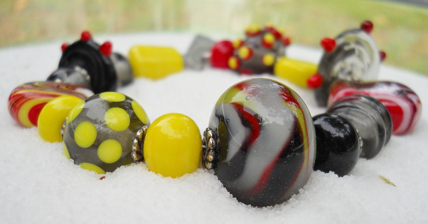 Lampwork Bracelet in Black, Red, and Yellow glass