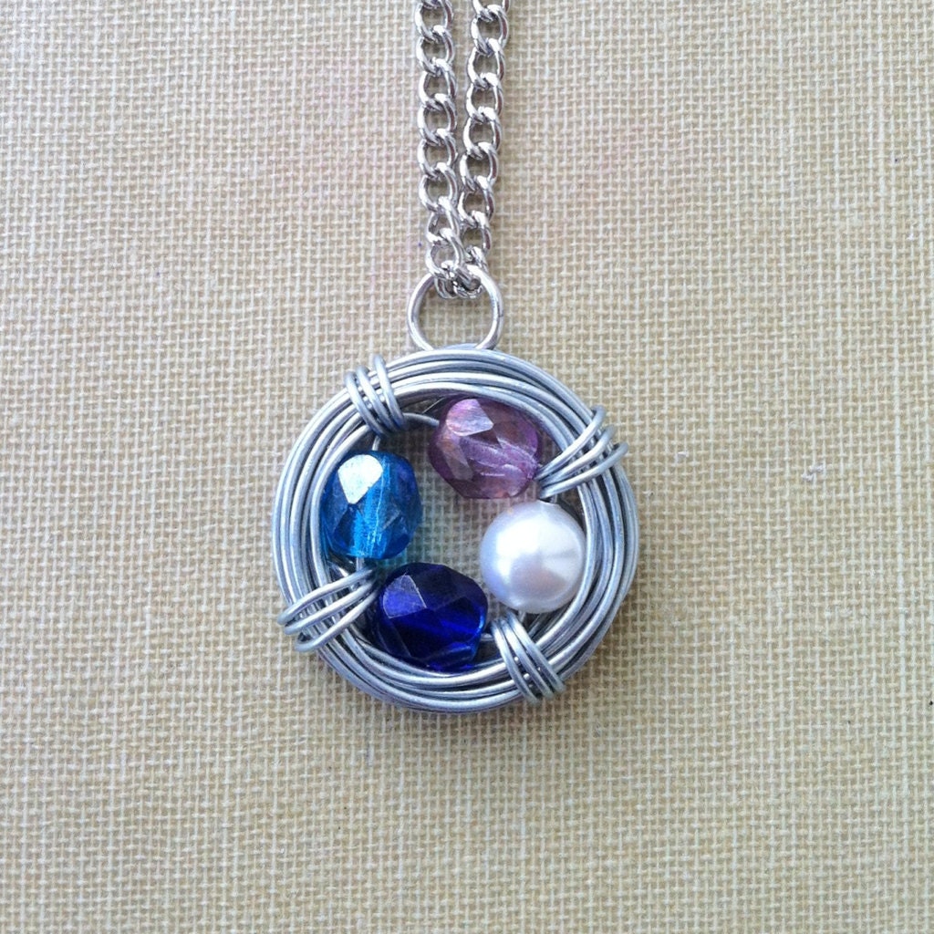 custom birthstone jewelry - wire wrapped bird nest necklace - 4-5 beads