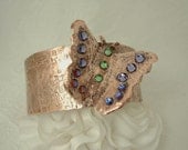 Copper Cuff Bracelet,  Butterfly , Swarovski Crystals, Hammered and Texturized