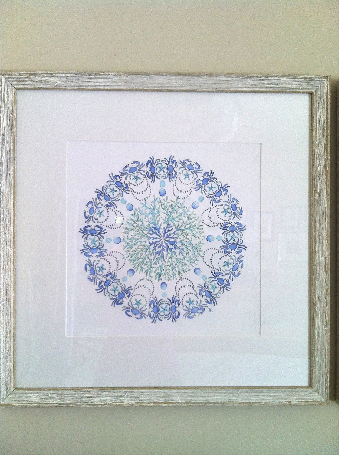 Aqua and Blue Crab watercolor mandala