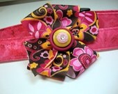 Soft Pink with Brown Floral Bow Dog Collars Large with Antique Buttons