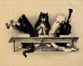 Cat Playing Music Musical Instrument Vintage - Burlap Digital Download Paper Image Transfer To Pillows Tote Bag Tea Towels b490