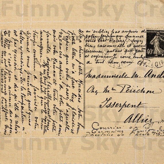 French Ephemera Postcard Script Vintage - Burlap Digital Download Paper Image Transfer To Pillows Tote Bag Tea Towels b526