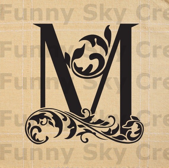 Alphabet Letter M Initial Print Flower Swirl - Burlap Digital Download Paper Word Text Typography Image Transfer To Pillows Tea Towels b088