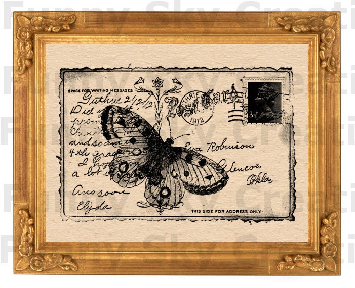 Butterfly Postcard Vintage Poster - Burlap Digital Download Paper Word Typography Image Transfer To Cushion Pillows Tea Towels b553