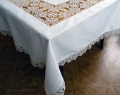 Handmade large tablecloth and 12 napkins with lace tatting ivory.