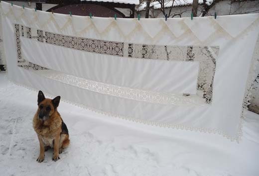Handmade large tablecloth and 12 napkins with lace tatting ivory.
