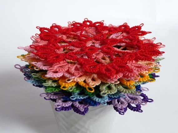 Tea doily and 12 Coasters in tatting - Rainbow - gift for Mom