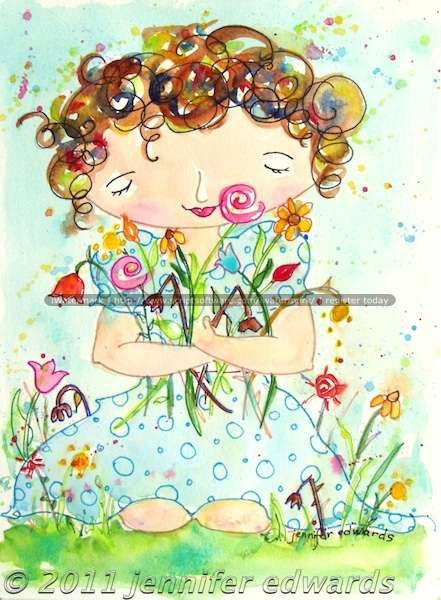 A 5" x 7" print of a watercolor painting of Genevieve titled, Armsfull.