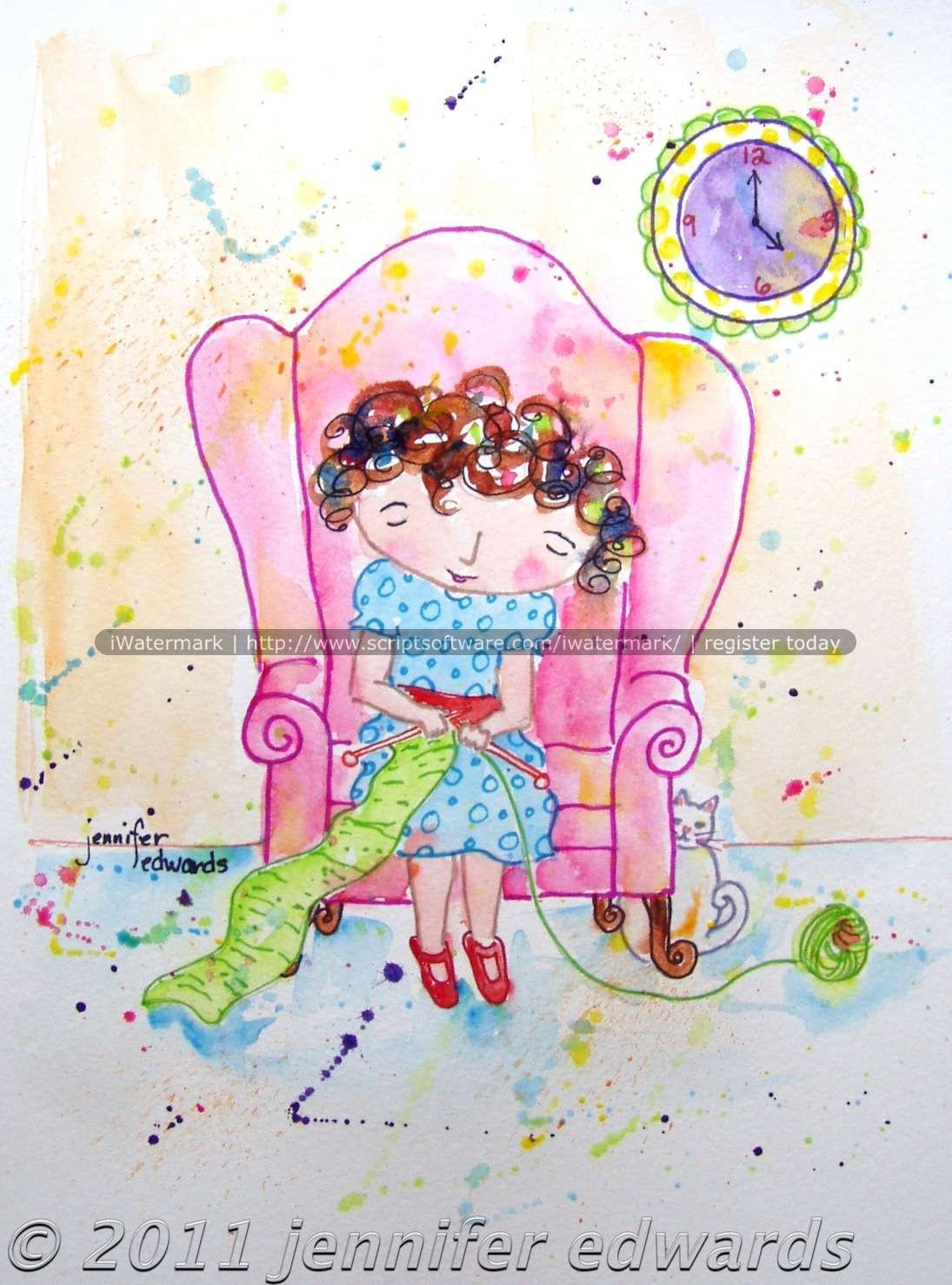 A 5" x 7" print of a watercolor painting of Genevieve titled, Drawn2Knit.