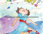 A 5" x 7" print of a watercolor painting of Genevieve titled, Happy Day.