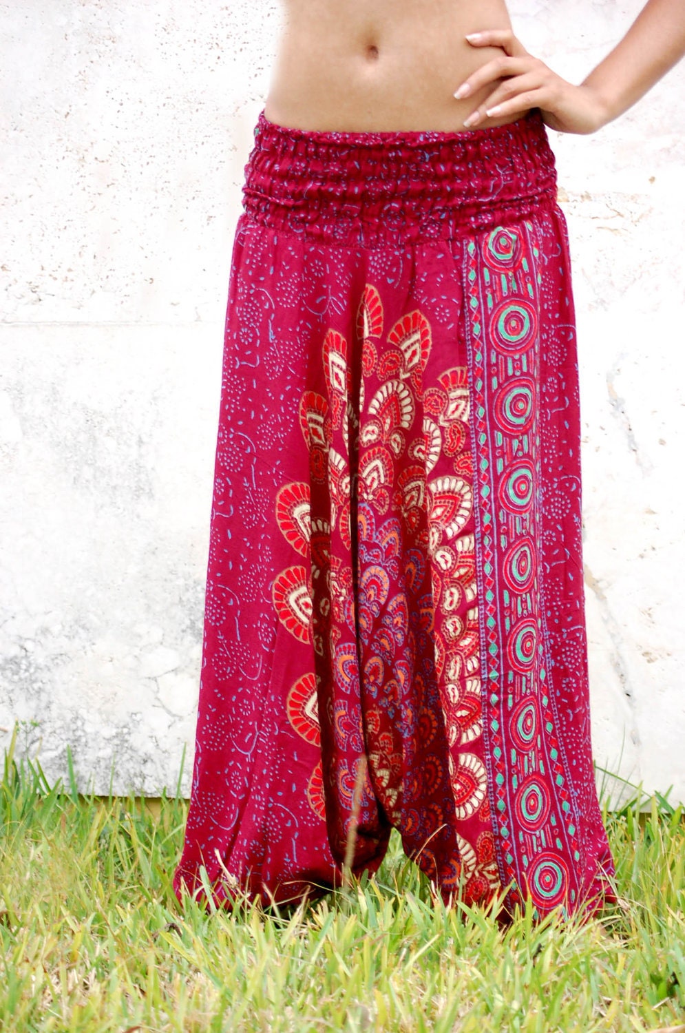 100% Organic Cotton Vibrant Maroon Harem Pants with Hand Block Print-Yoga Wear, Lounge Wear, Dance Wear, Spacious, Beautiful Colors