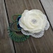 Bridal ivory satin lace flower hair clip accented with a rhinestone, peacock eye and sward feathers