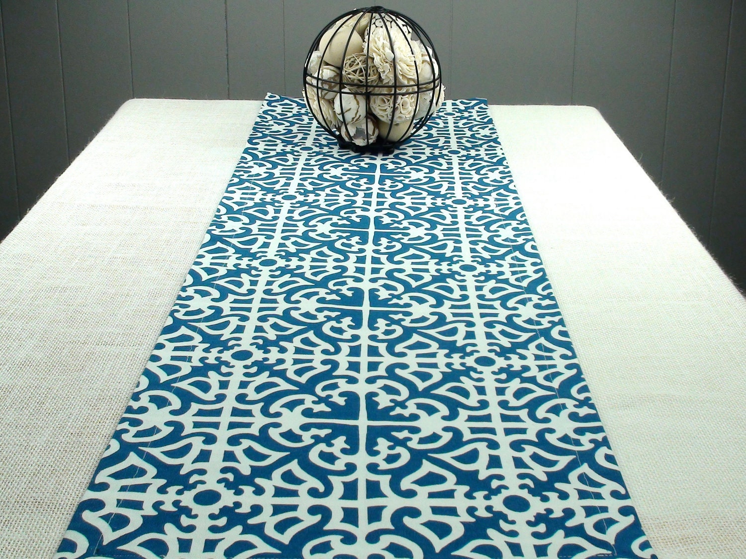 Blue Table Runner, White Table Runner, Blue Tablecloth - Blue Color, White Color  120 inch long 120" long