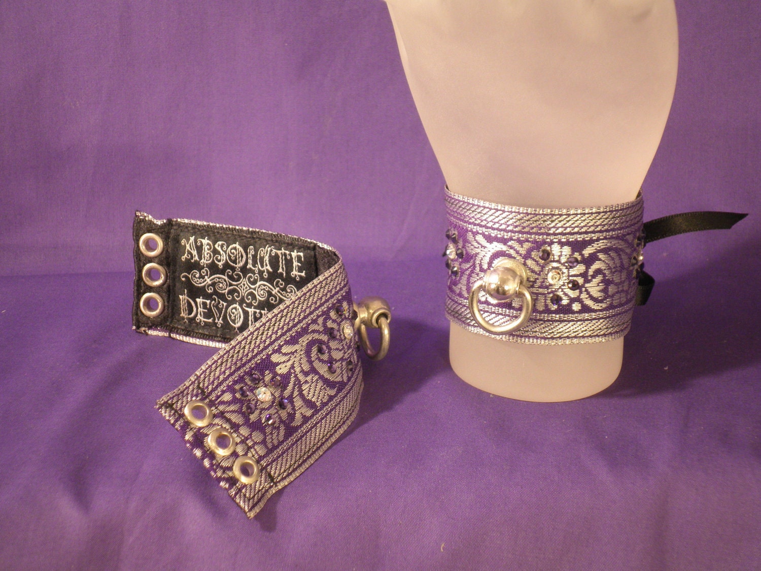 Purple Brocade Lace Up Wrist Cuffs with Swarovksi Crystals - Absolute Devotion