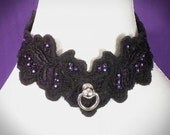 Made to Order: Purple and Black Lace Applique Custom Locking Slave Collar, Hand Embellished with Swarovski Crystals
