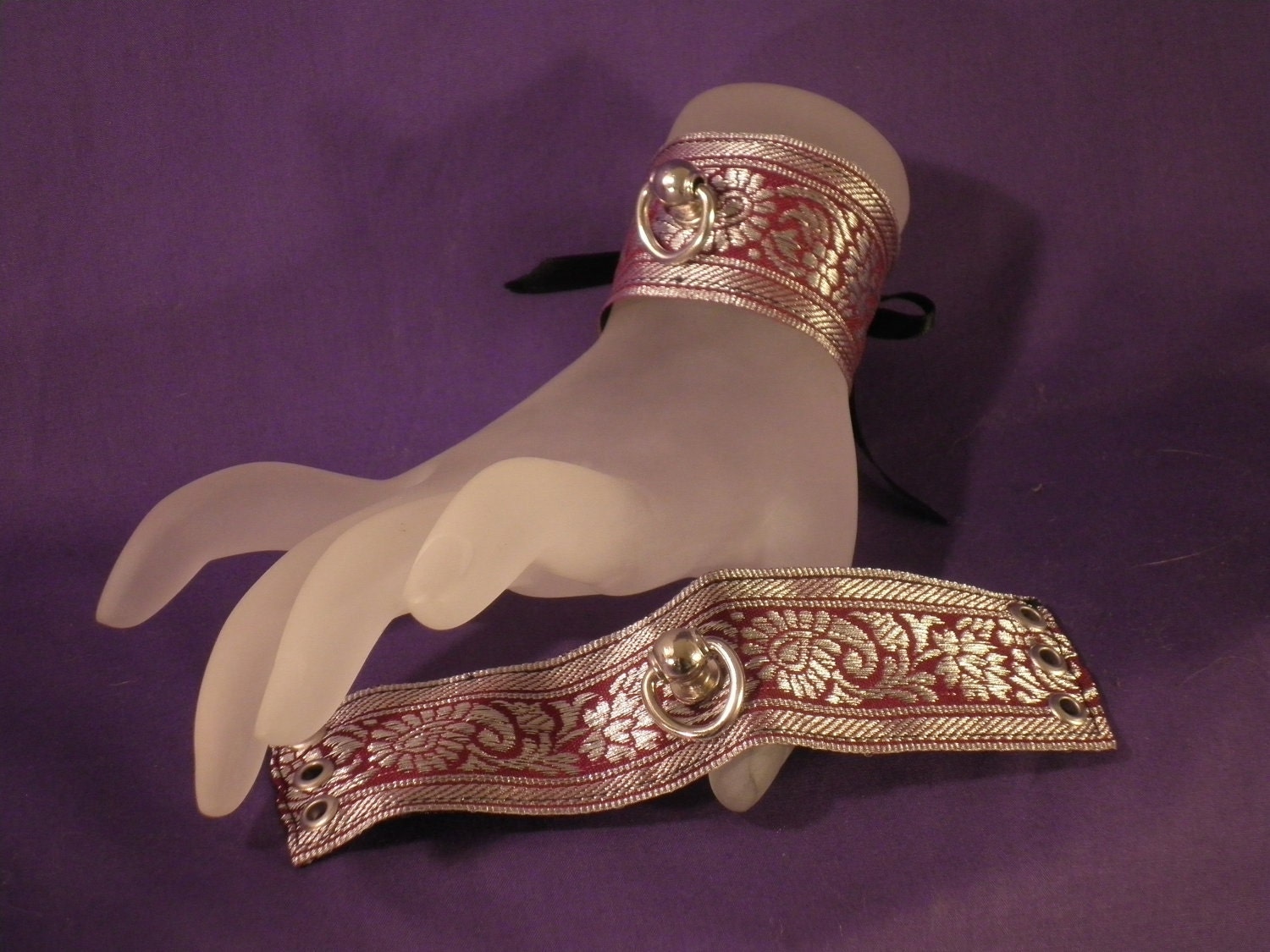 Dark Red/Silver Brocade Light Weight Lace Up Slave Cuffs 7" - Absolute Devotion