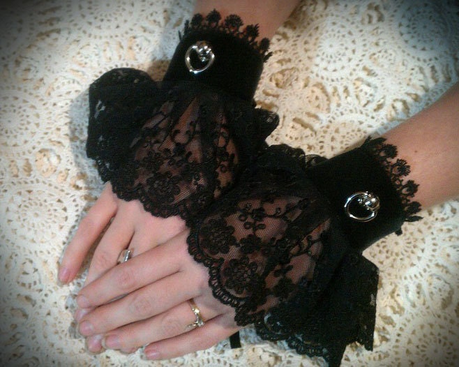 Black Velvet Lace Up Cuffs With Ruffle and Lace Trim - Absolute Devotion
