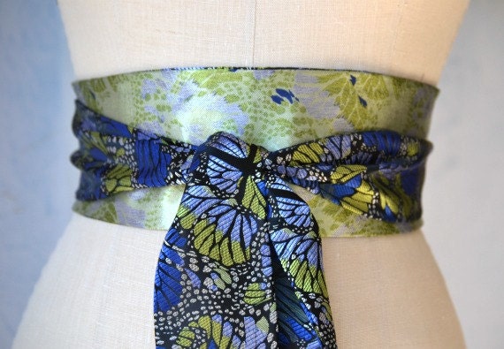 Wings Obi sash belt reversible waist cincher satin blue silver black green periwinkle