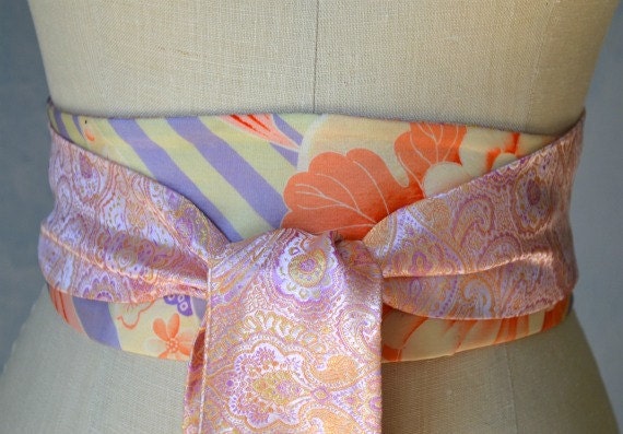Rare Obi sash reversible belt orange lilac pink ivory wedding sash hand painted silk  floral asian waist cincher