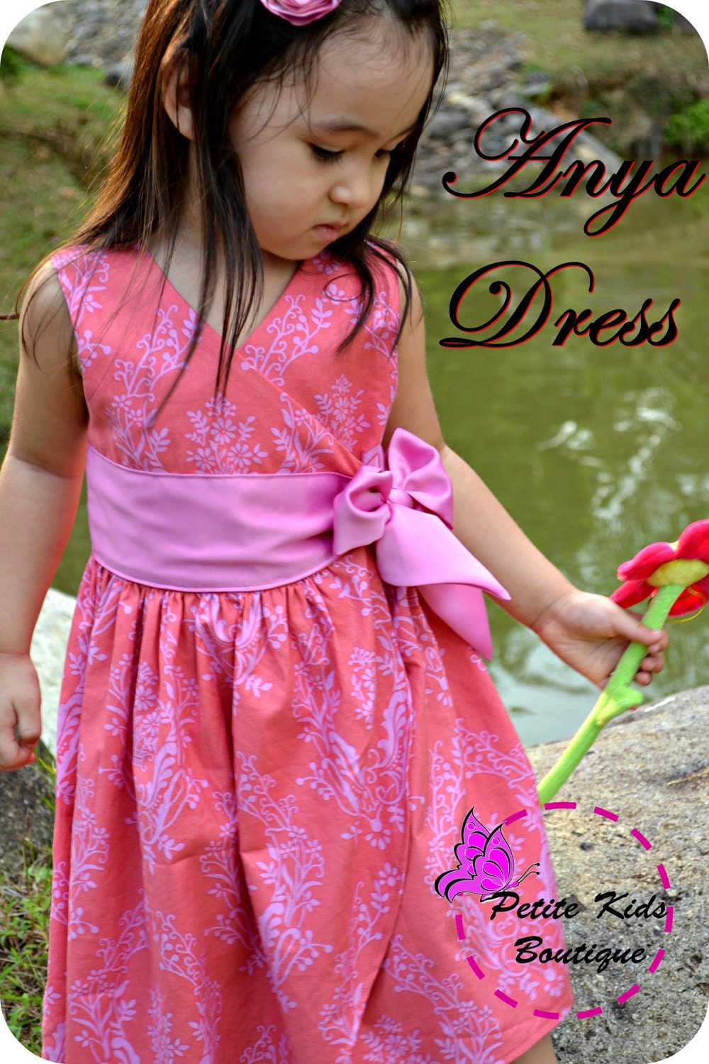 Anya Dress for Girls 12M-8Y PDF Pattern & Instruction- wrap style -sleeves option (multi length or sleeveless)-wide front sash