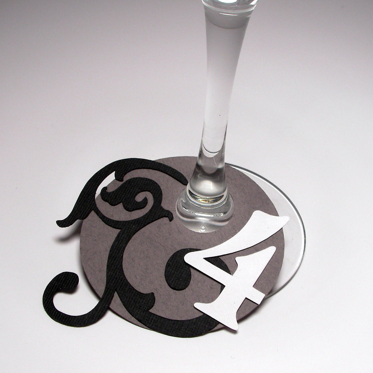 Wine Glass Place Card Table Number Damask Stemware Name Tag Gray Black
